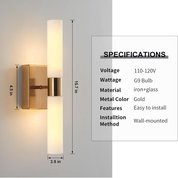 Modern Wall Sconces, Set of 2 Brushed Brass Gold, Frosted Glass Shade, 36 cm - Picture 7 of 7